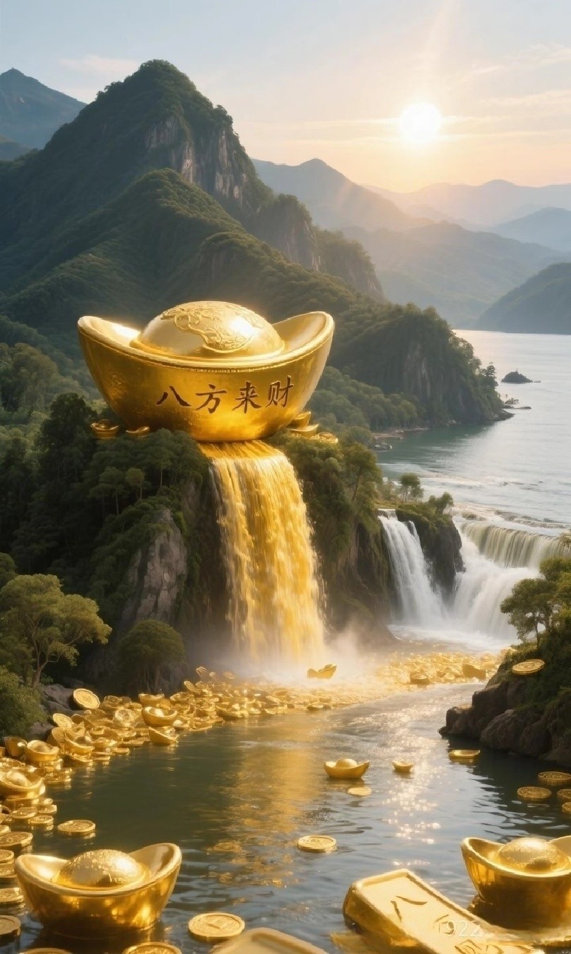 元宝洒满财源来, 八方来财好运来. 金水如镜映天光, 八方来财福满堂