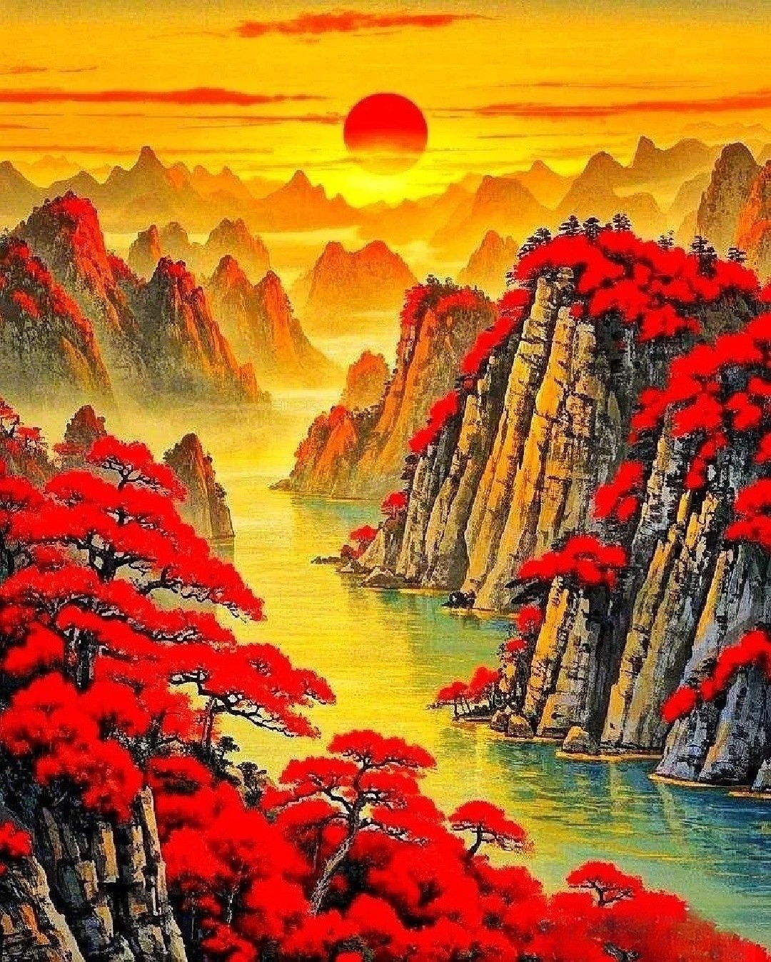 红日东升映山河, 鸿运当头步步高, 好运连连万事顺!