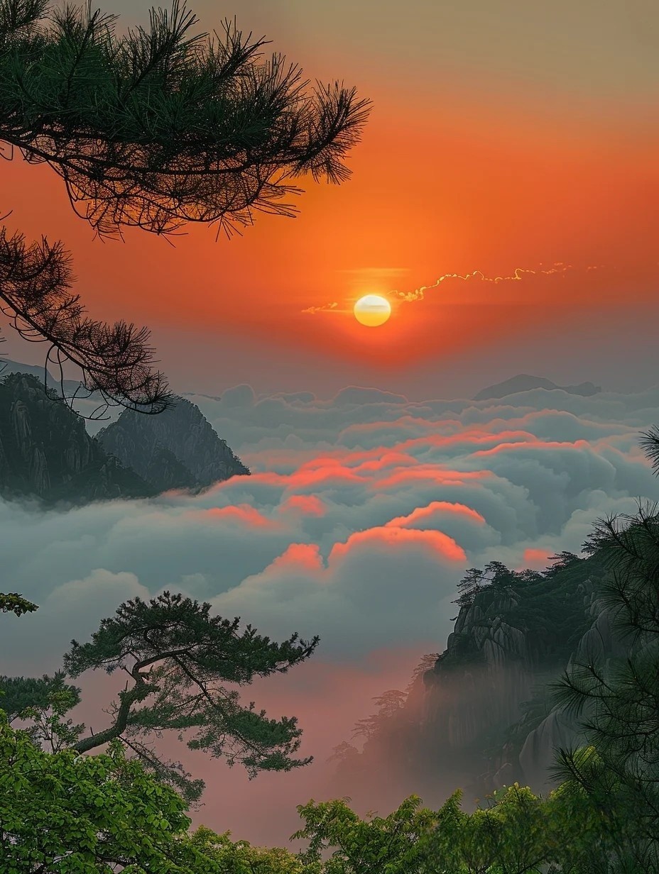 朝霞映云海,日出天地宽. 心随景致远,人生无憾欢.