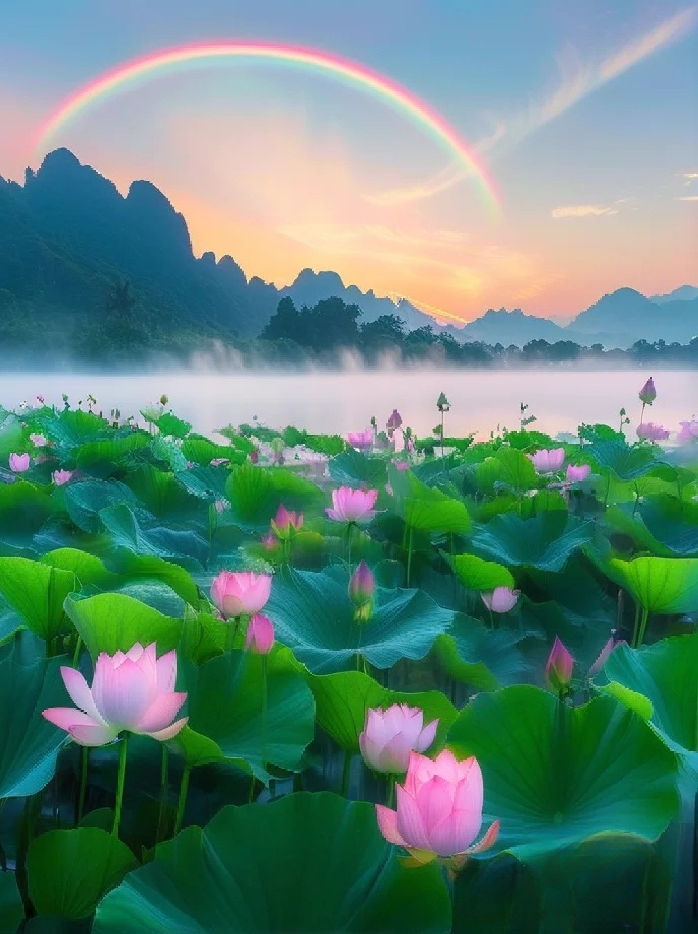 动态连更挑战#  映日荷花别样红, 天边彩虹添诗意