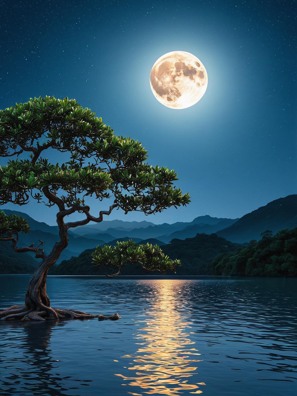 我望着青山听着风 看明月倒影在湖中 思念的你此刻在