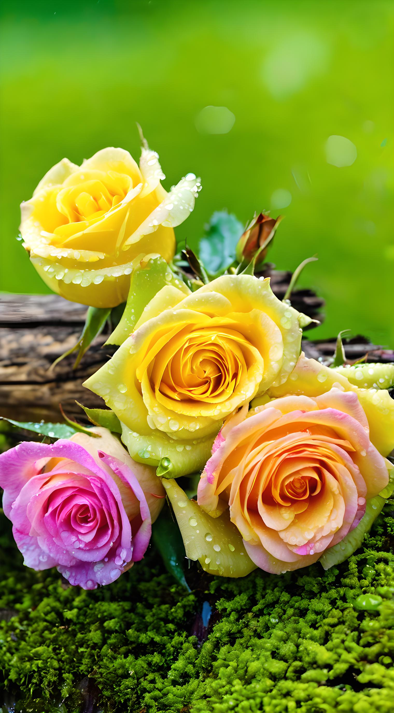 这堆鲜艳的玫瑰花放在长满青苔的木头上,简直是视觉盛宴!