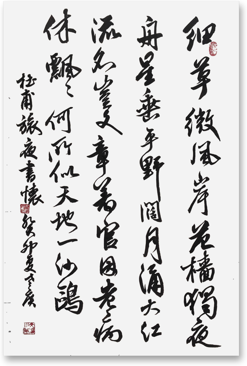 行书练习 临帖. 写了杜甫诗一首: 旅夜书怀 细草微风岸,危樯独夜舟. 