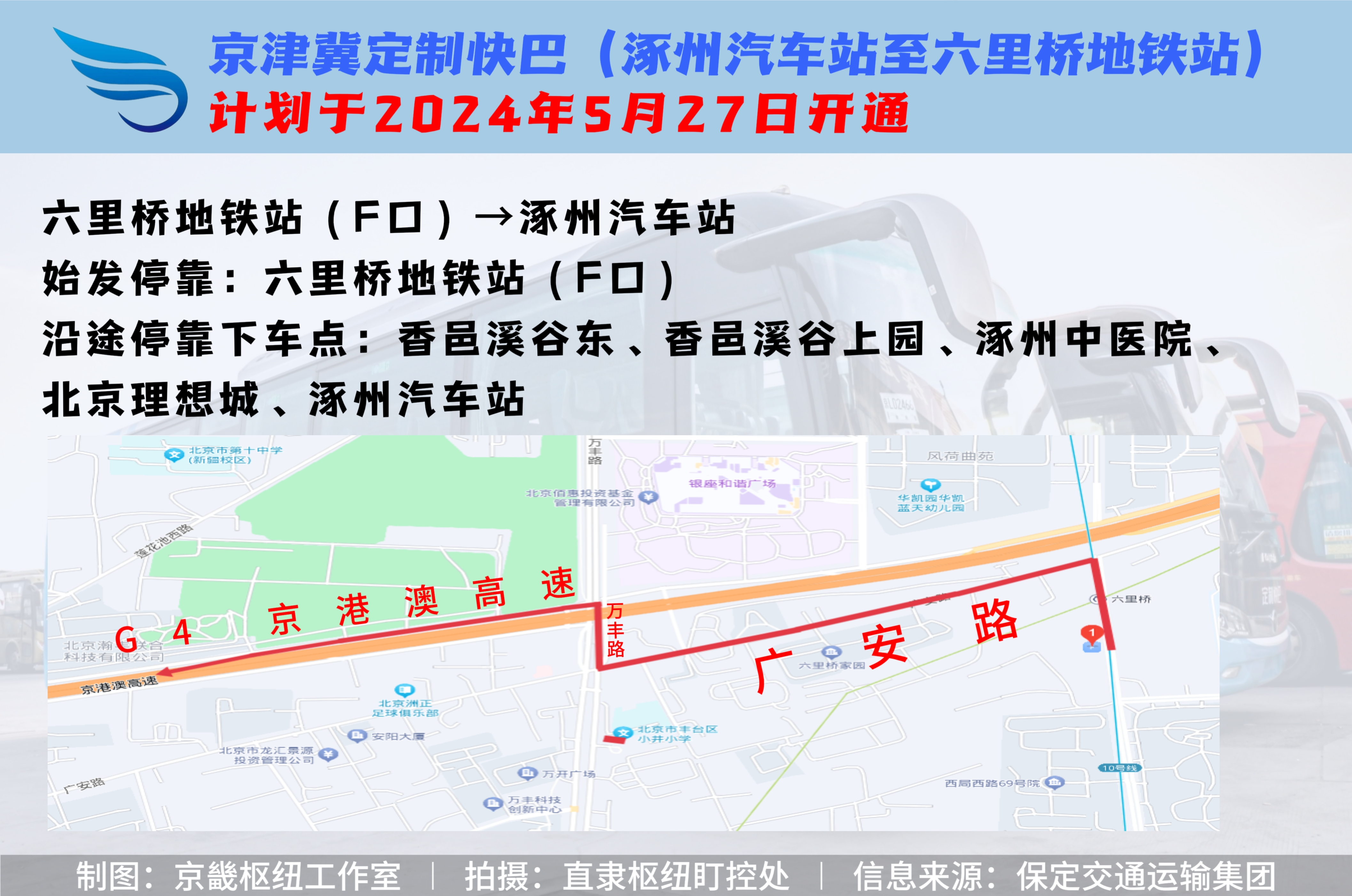 此线路往返于涿州汽车站与六里桥地铁站,配车4部,双向日发共计8个