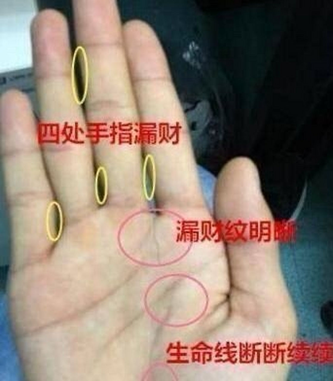 漏财纹,正如其名有此手相会漏财,漏财纹是最为常见的一种漏财手相.