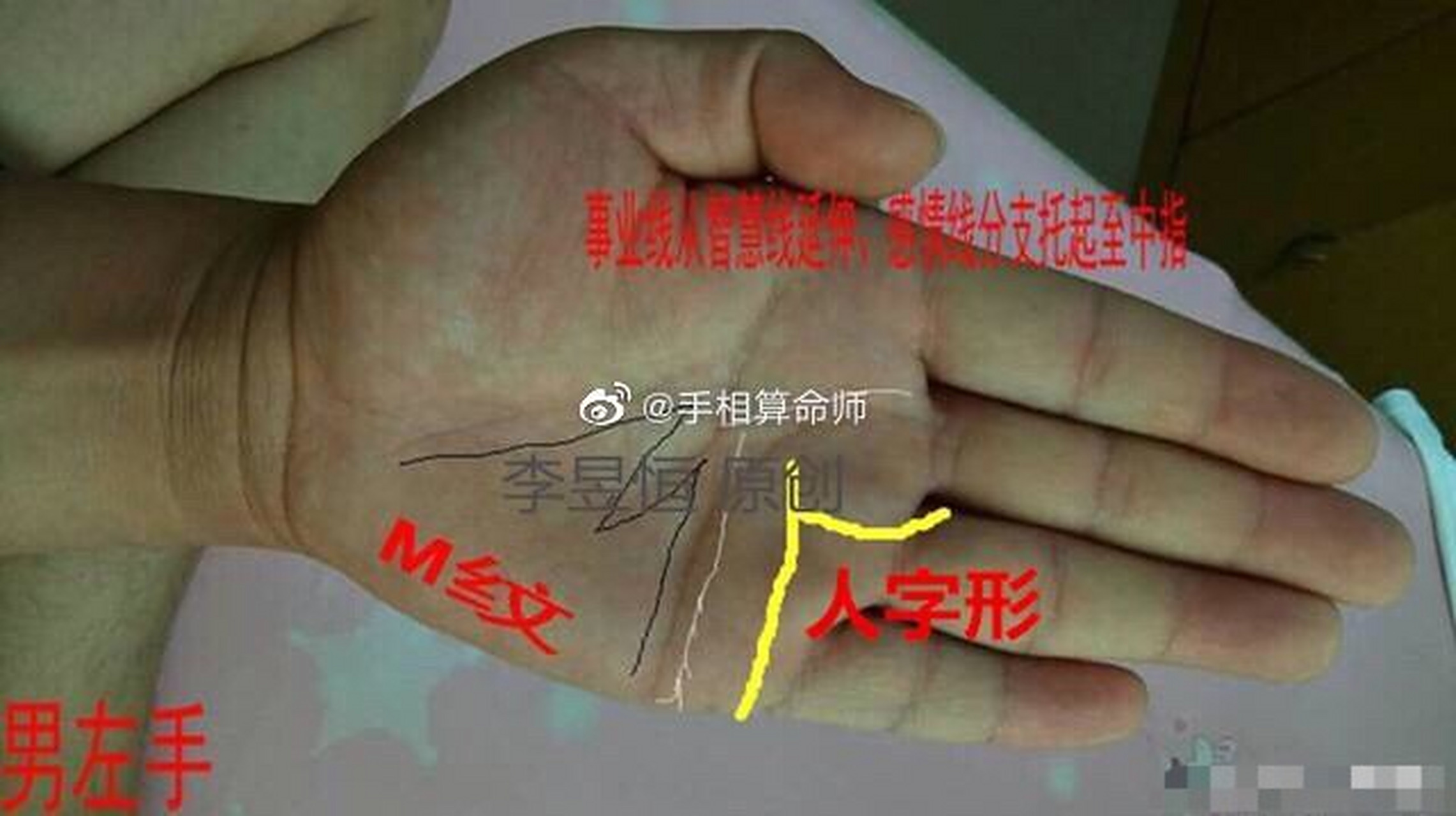 第一,"y"纹:玉柱纹起于坎官直上中指之下,另起分支纹斜出形成横向的