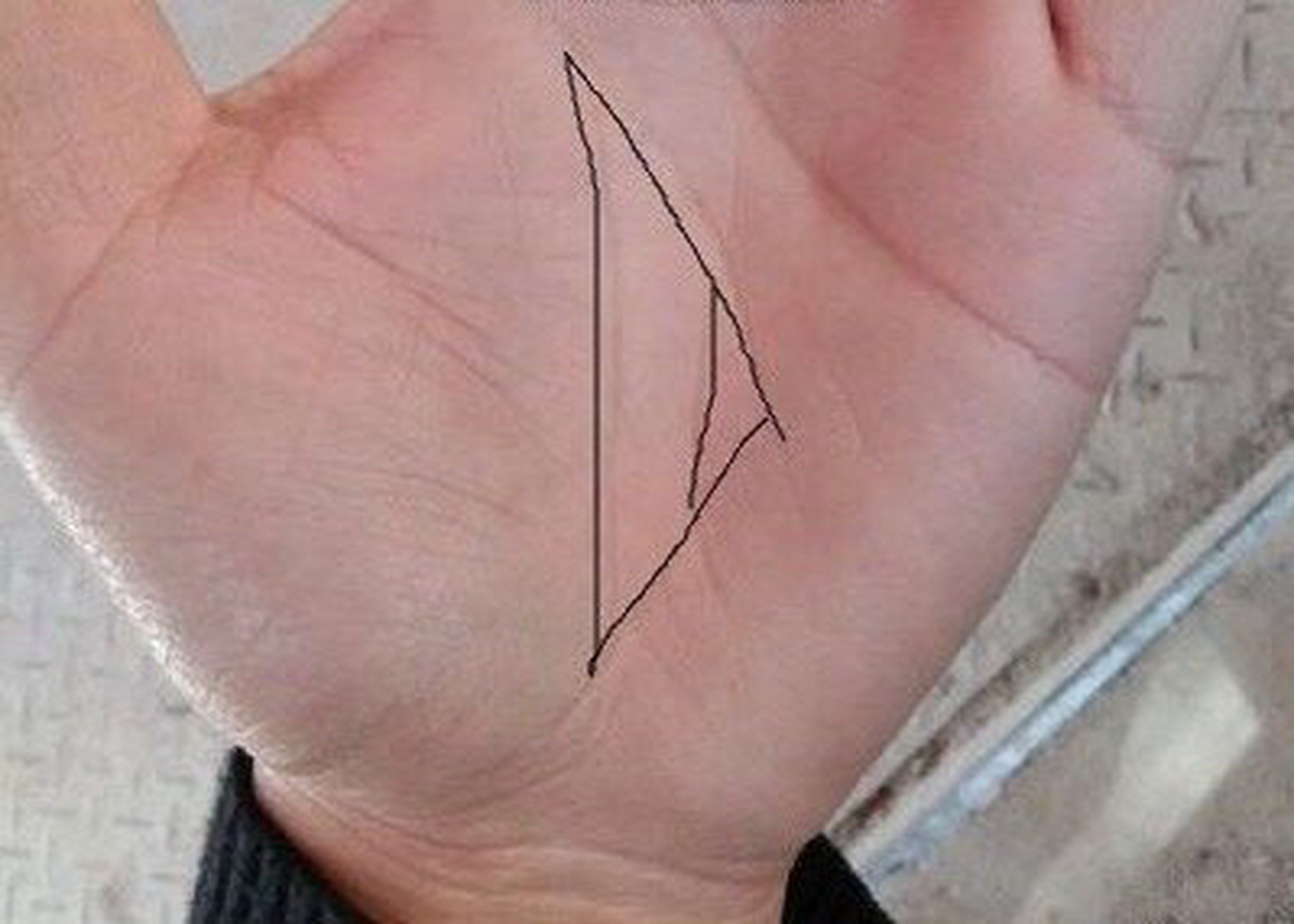 手相案例; 手相不错有着一个很完整的元宝纹,由事业线,智慧线以及