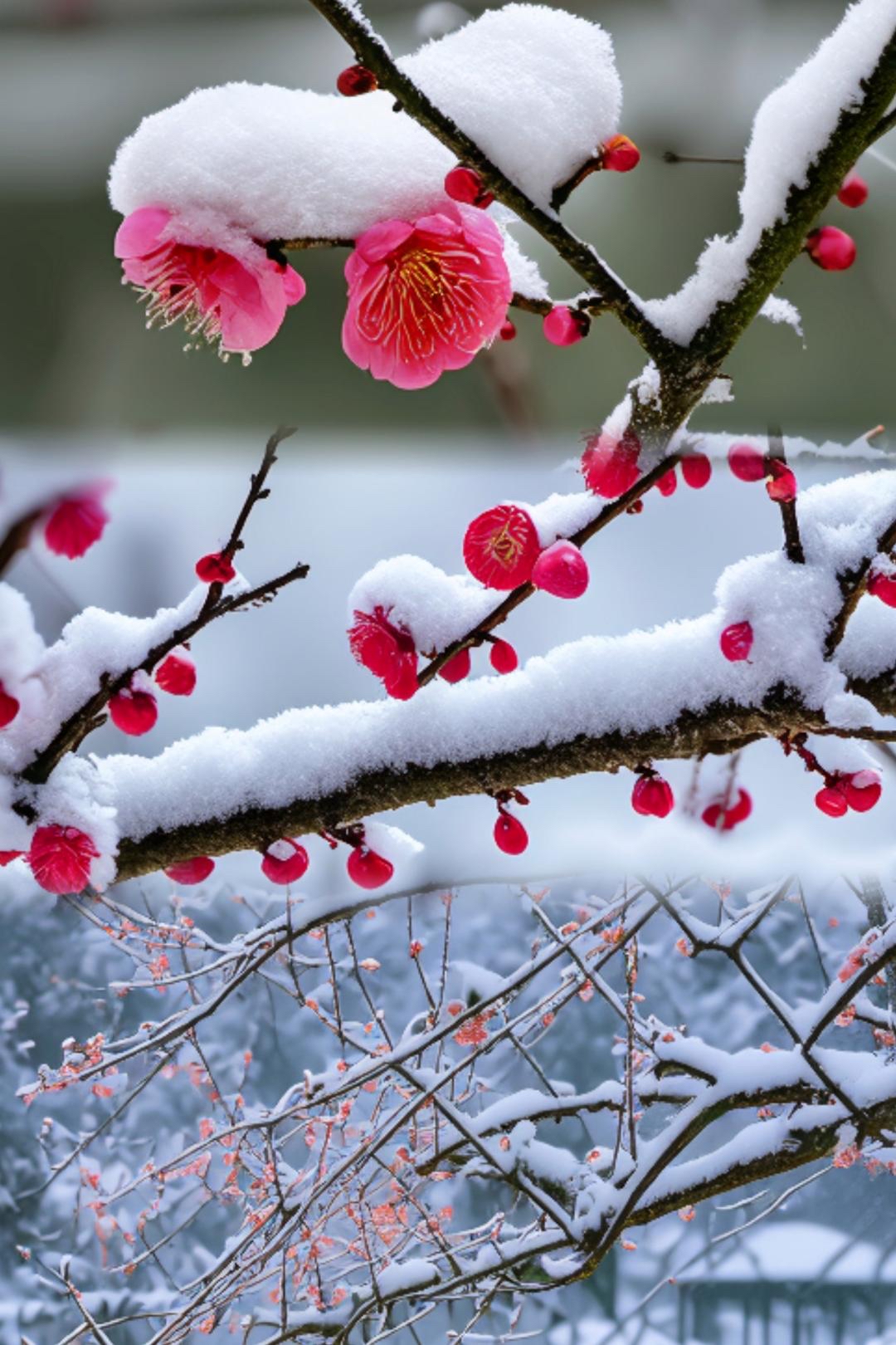 春雪中梅花在妖娆!