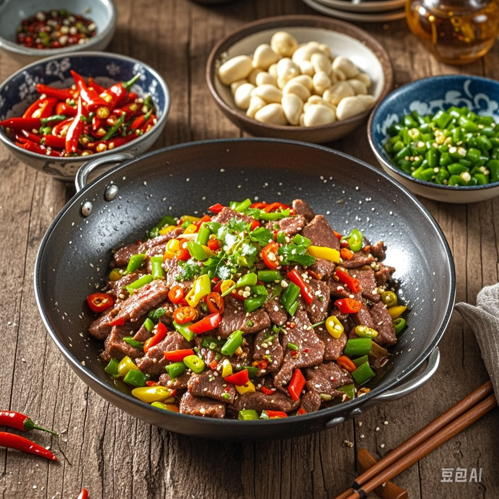以下是湘菜小炒黄牛肉的菜品:   食材准备:黄牛肉,泡椒,小米辣,香菜