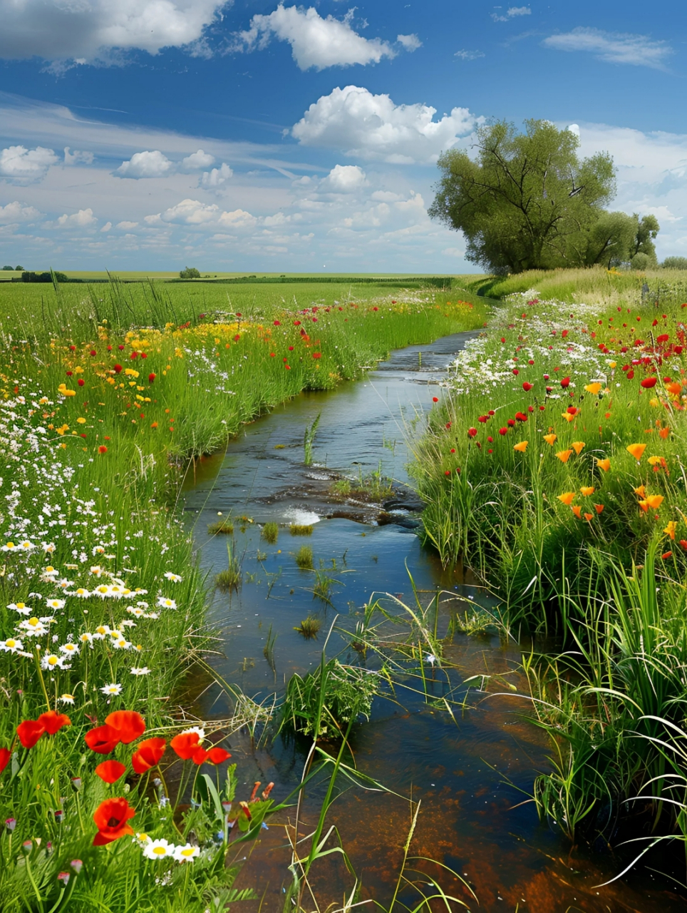 一条小溪蜿蜒曲折,溪水清澈见底,流淌着生命的力量.