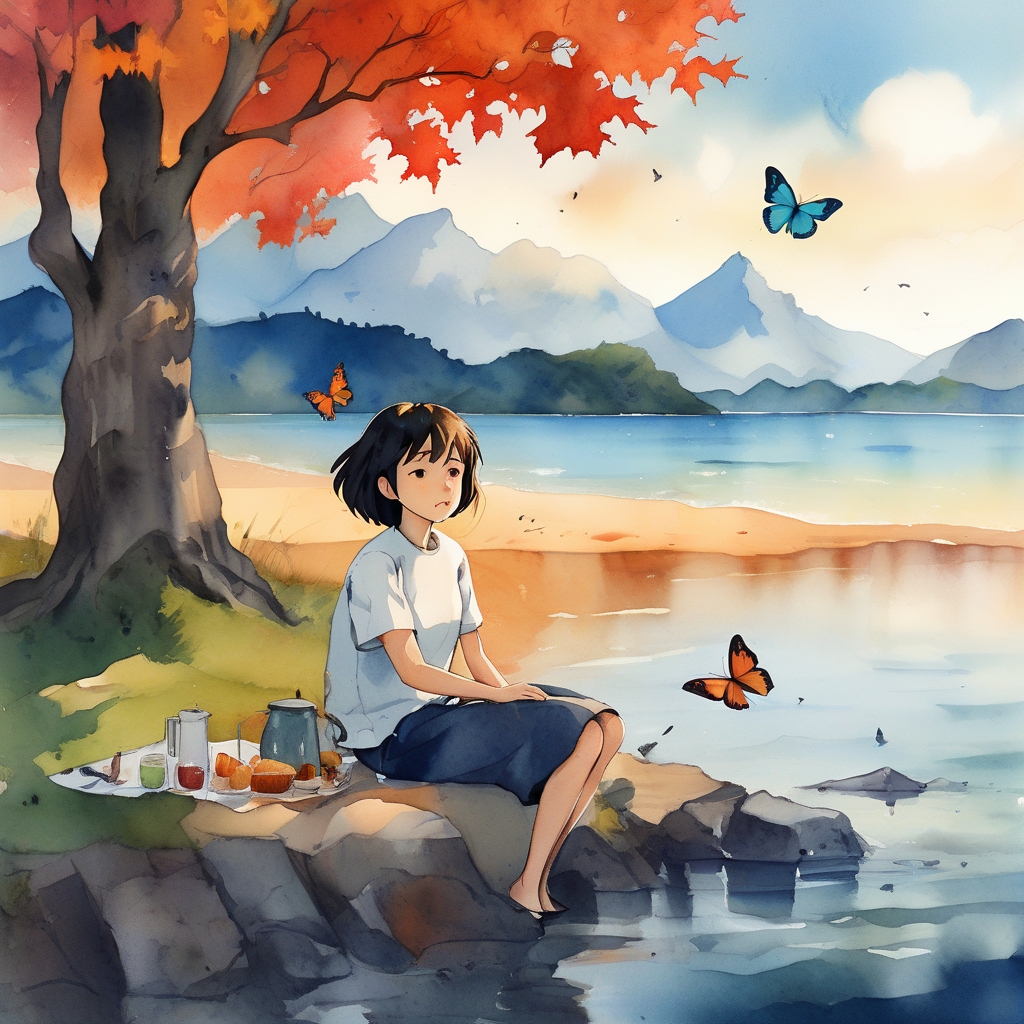 在她的前方,一杯橙色的饮料散发出诱人的香气,与一盘看似美味的