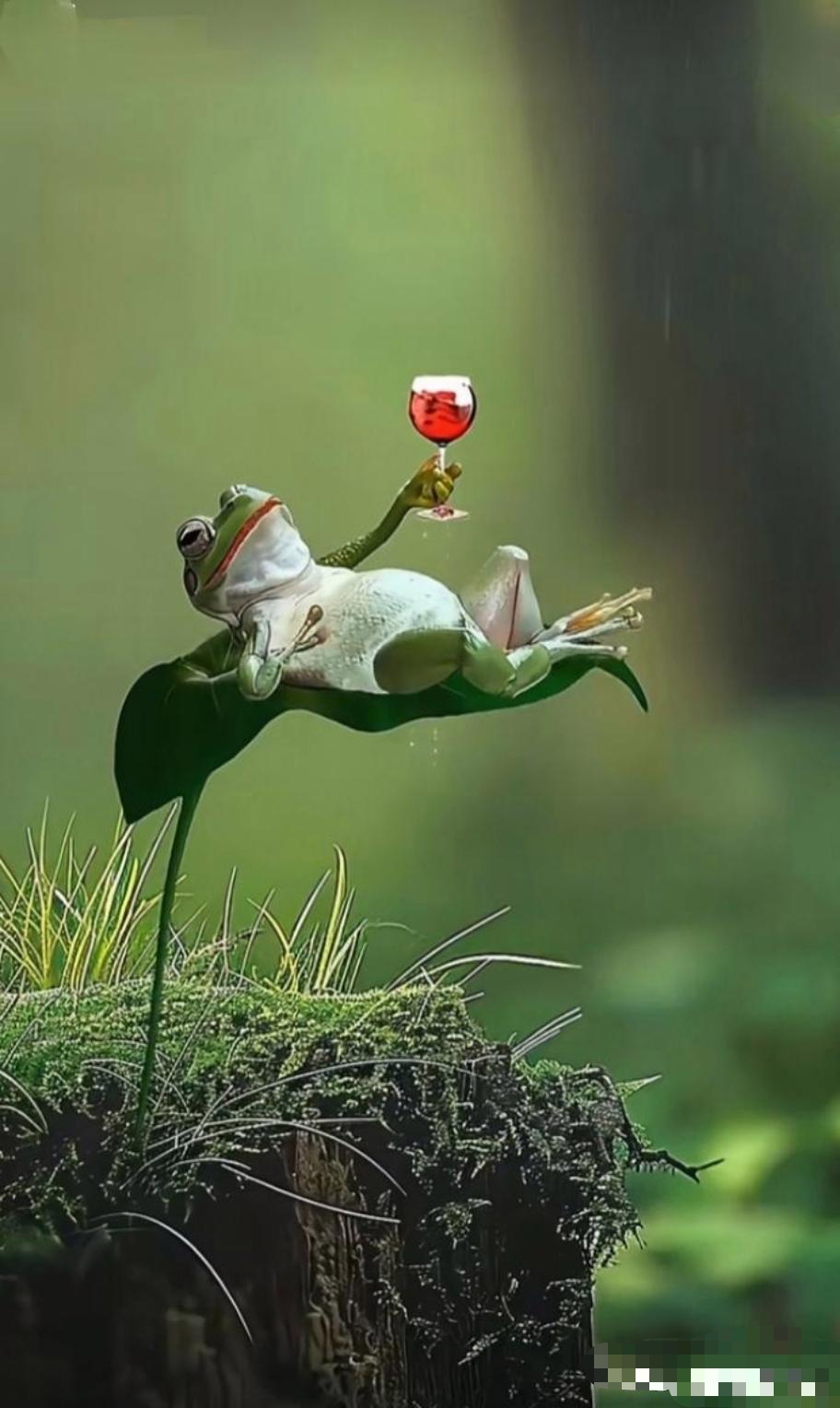 小青蛙悠然躺在树梢,还端着红酒,眯眼享受,模样甚是有趣,在高处如此