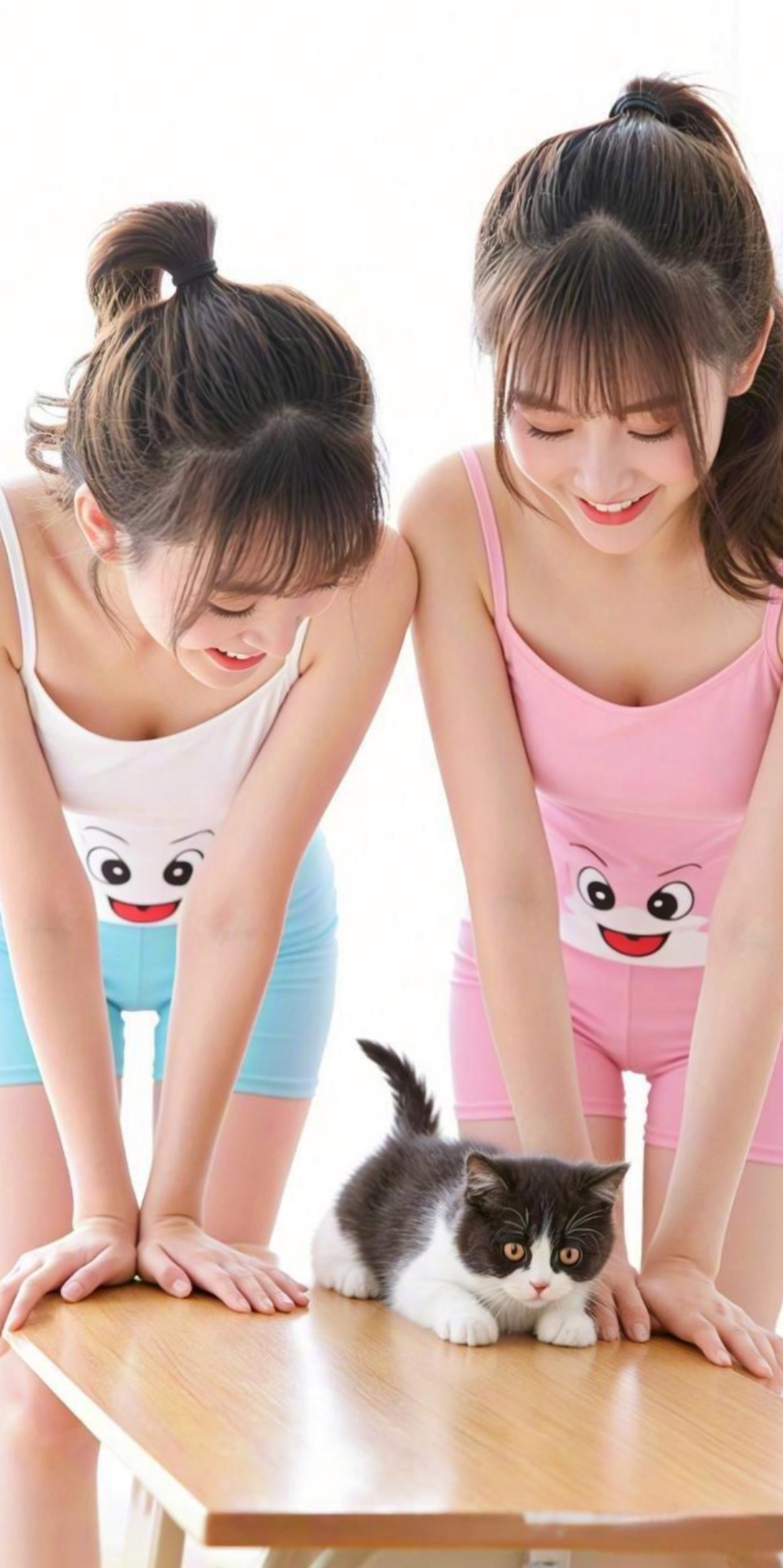 在温馨的室内,两位身着可爱家居服的少女,扎着俏皮辫子,站在柔软地毯