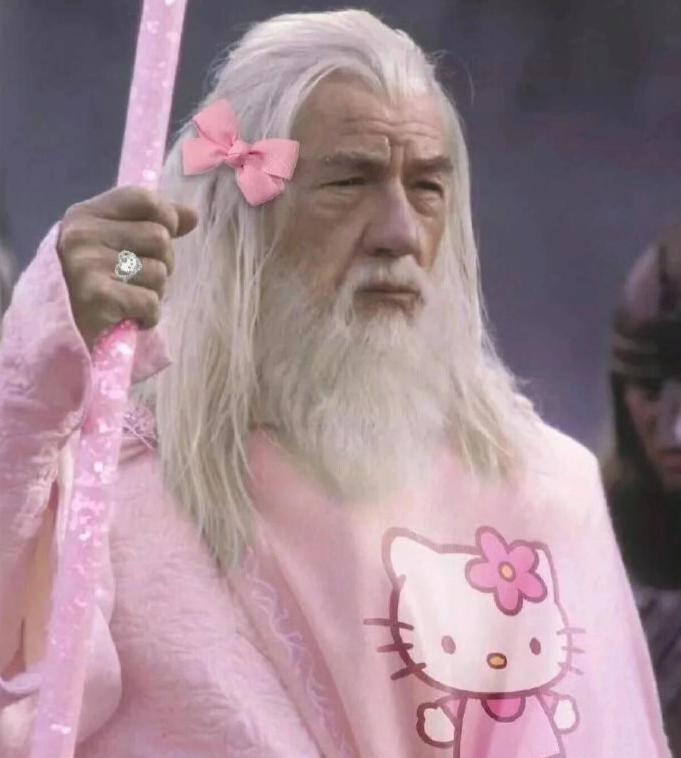 白胡子老爷爷穿粉衣,手持粉色魔杖,额上粉红花环,笑翻了!