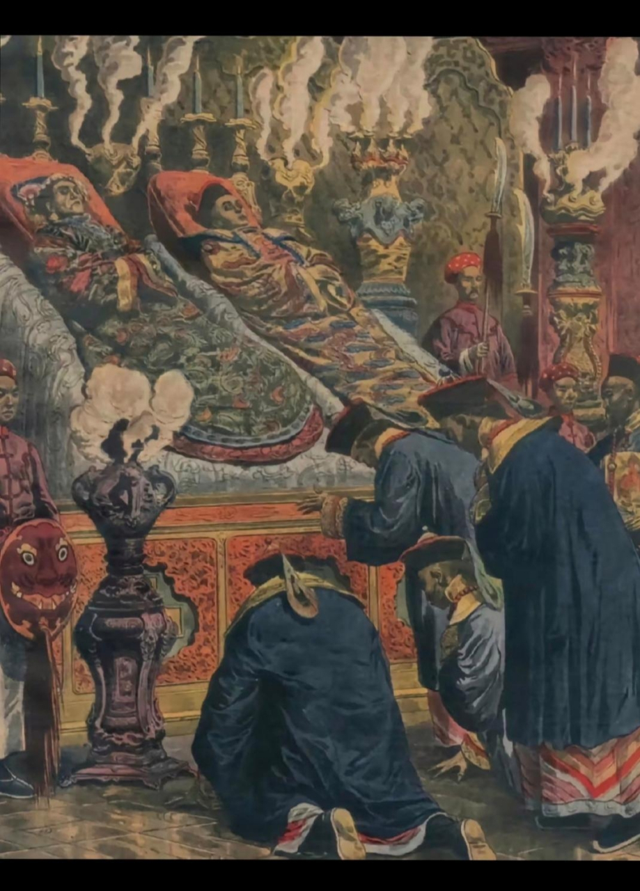 1908年,洋人画的慈禧和光绪帝停放在长寿宫的遗体.