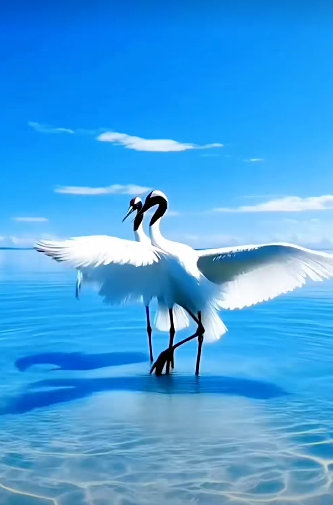 两对丹顶鹤在水边开"水上舞会",伸翅膀,迈长腿,蓝