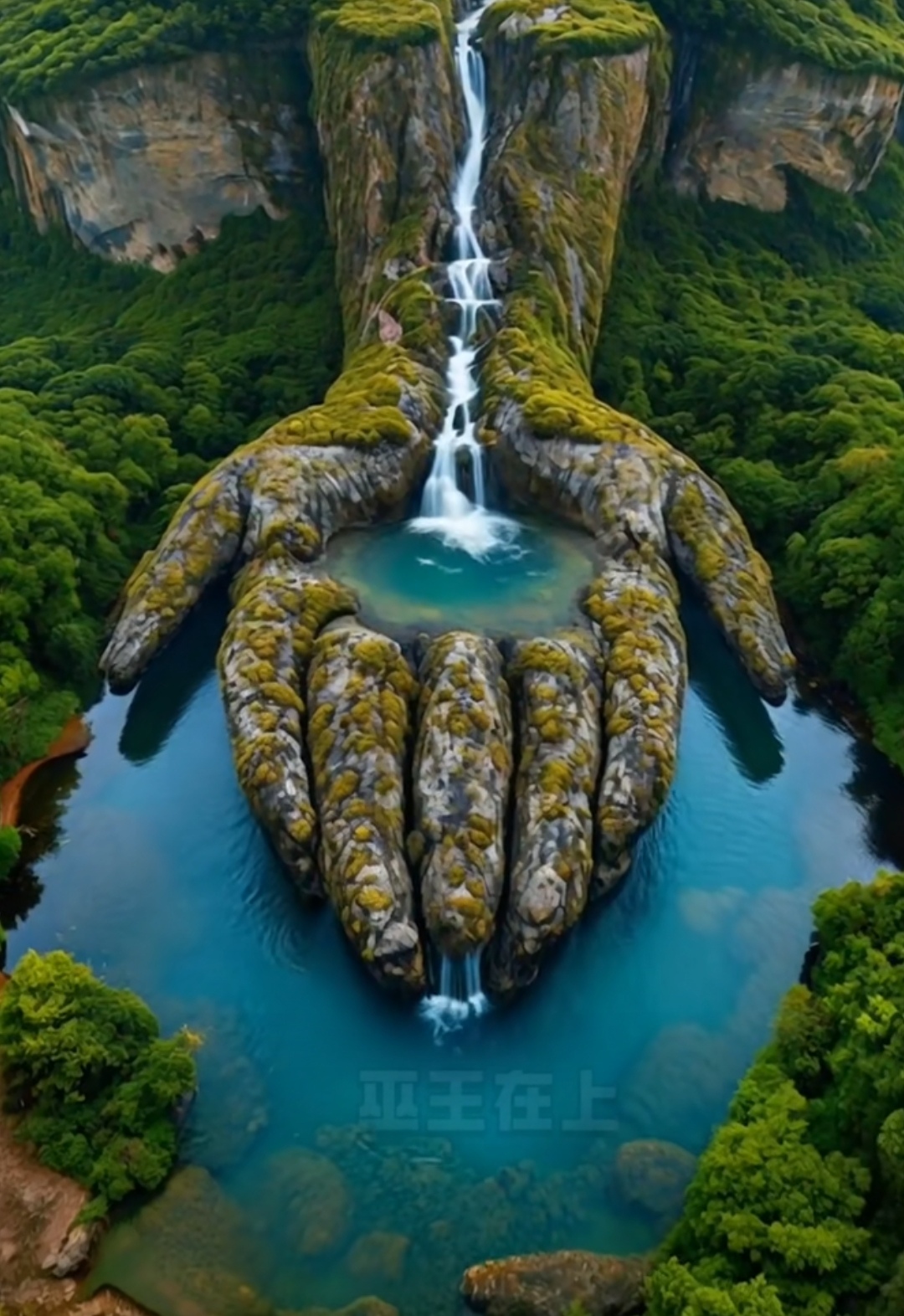 画面中,巨大的"手掌"造型岩石立于碧水之上,青苔覆于石面,瀑布自崖顶