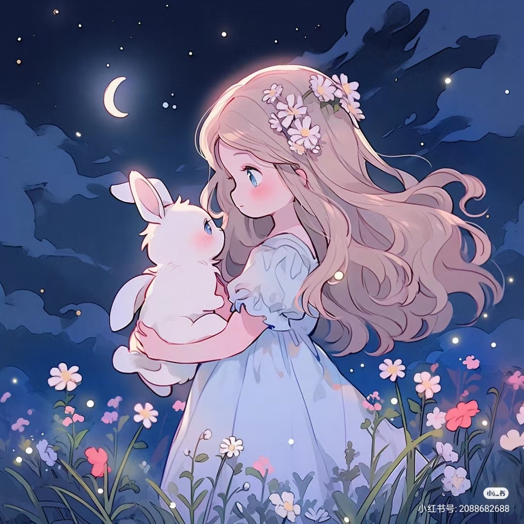 在这寂静的夜晚,月光洒在她的长发上,她身着蓝色裙子,如星空般深邃.