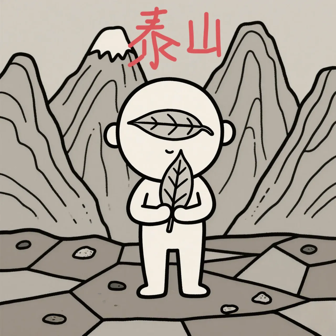 一个人站在"泰山"前面,手中拿着树叶,其中有一片树叶被风刮起粘在了