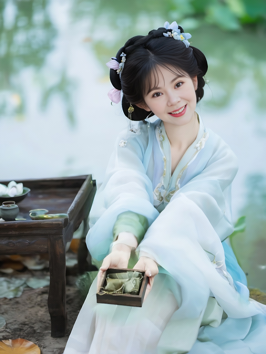 汉服小姐姐,手持古风小物,笑颜如花,美不胜收.