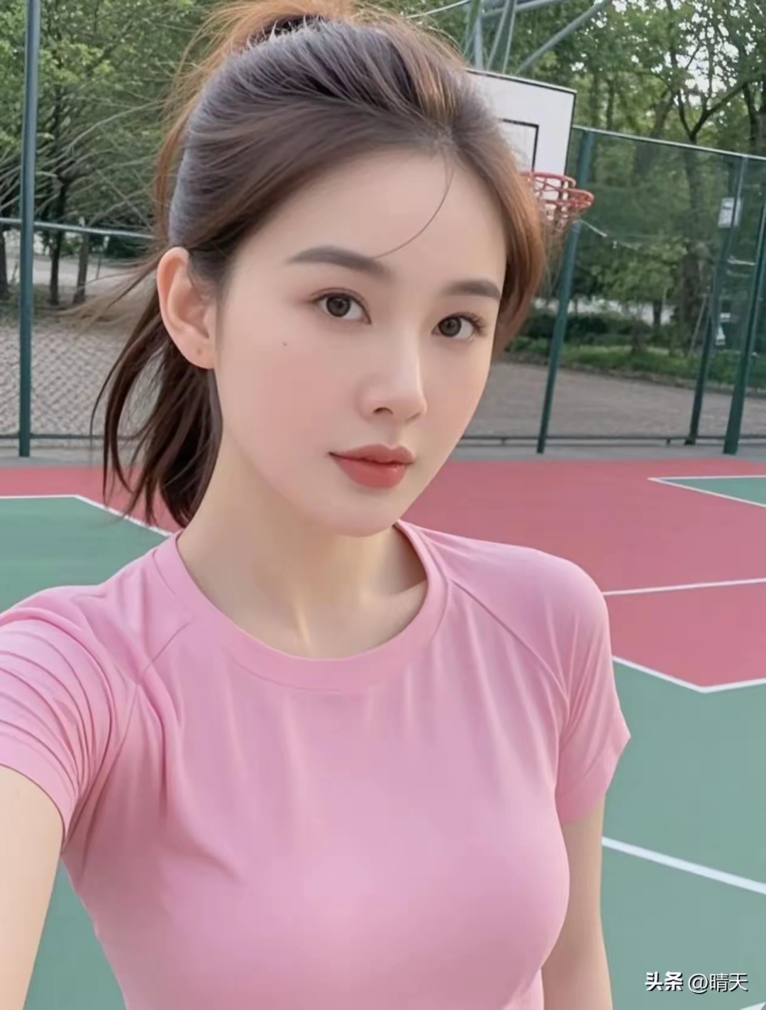 篮球场上的活力自拍,粉衣女孩笑容灿烂,元气满满!