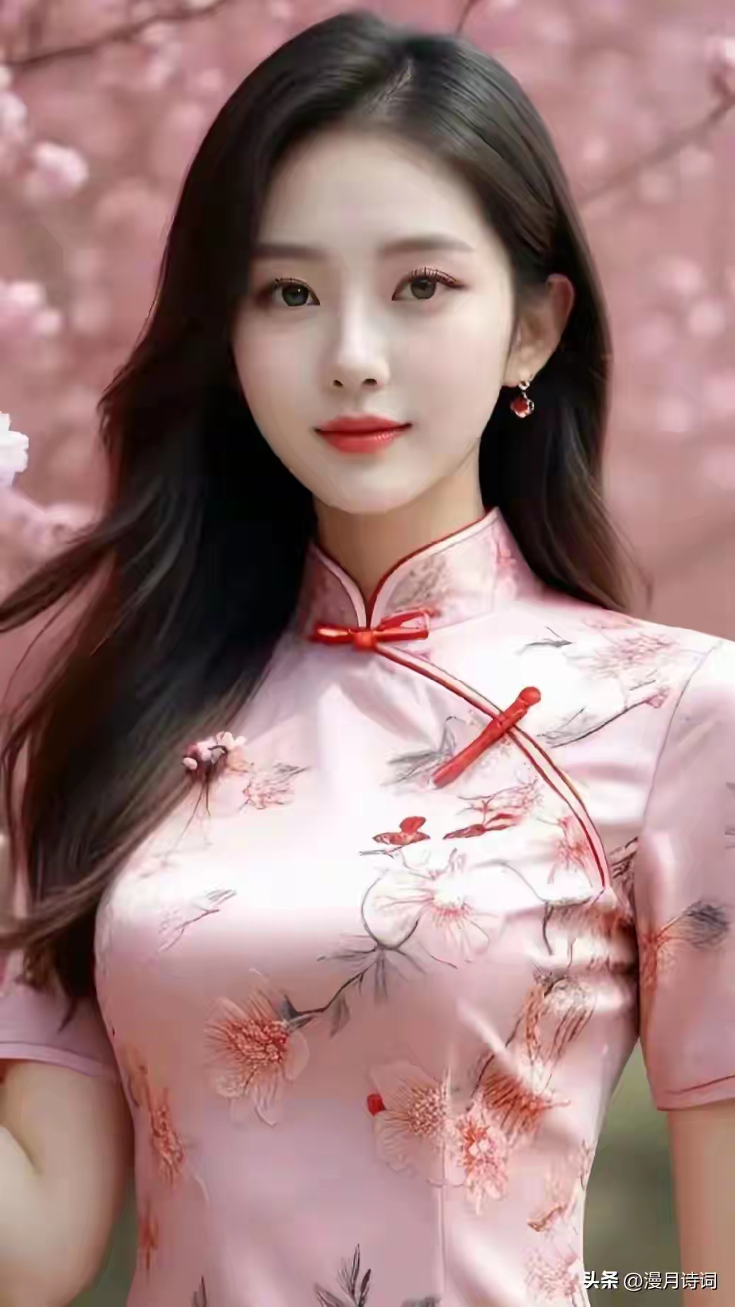 春风拂面桃花笑,佳人如画旗袍俏.