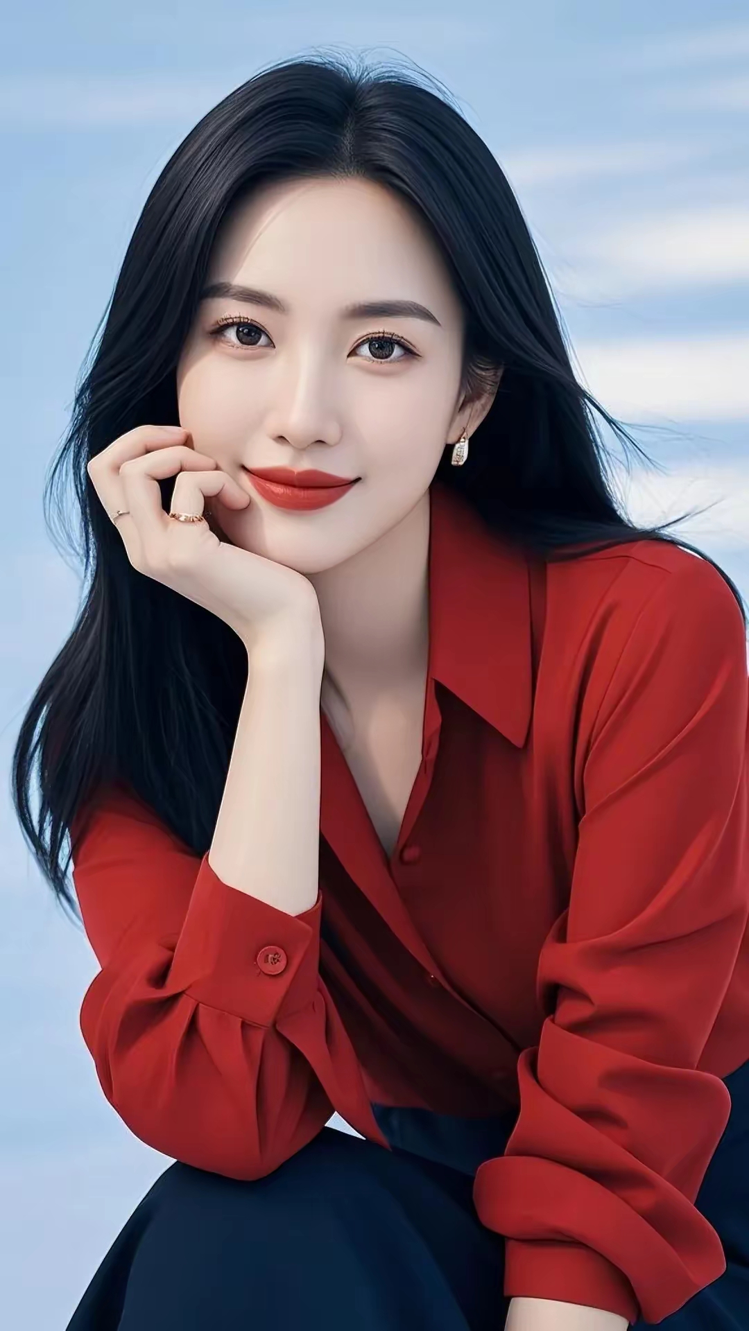 到一位气质女神,红色衬衫搭配黑色长裙,优雅迷人,手托下巴,眼神温柔