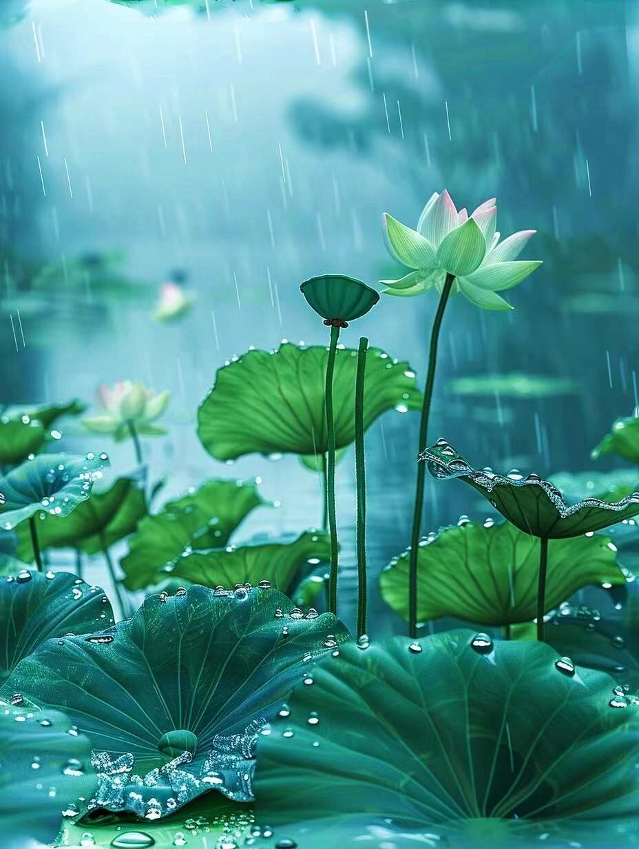 雨滴轻敲荷叶声,荷花静立听风吟
