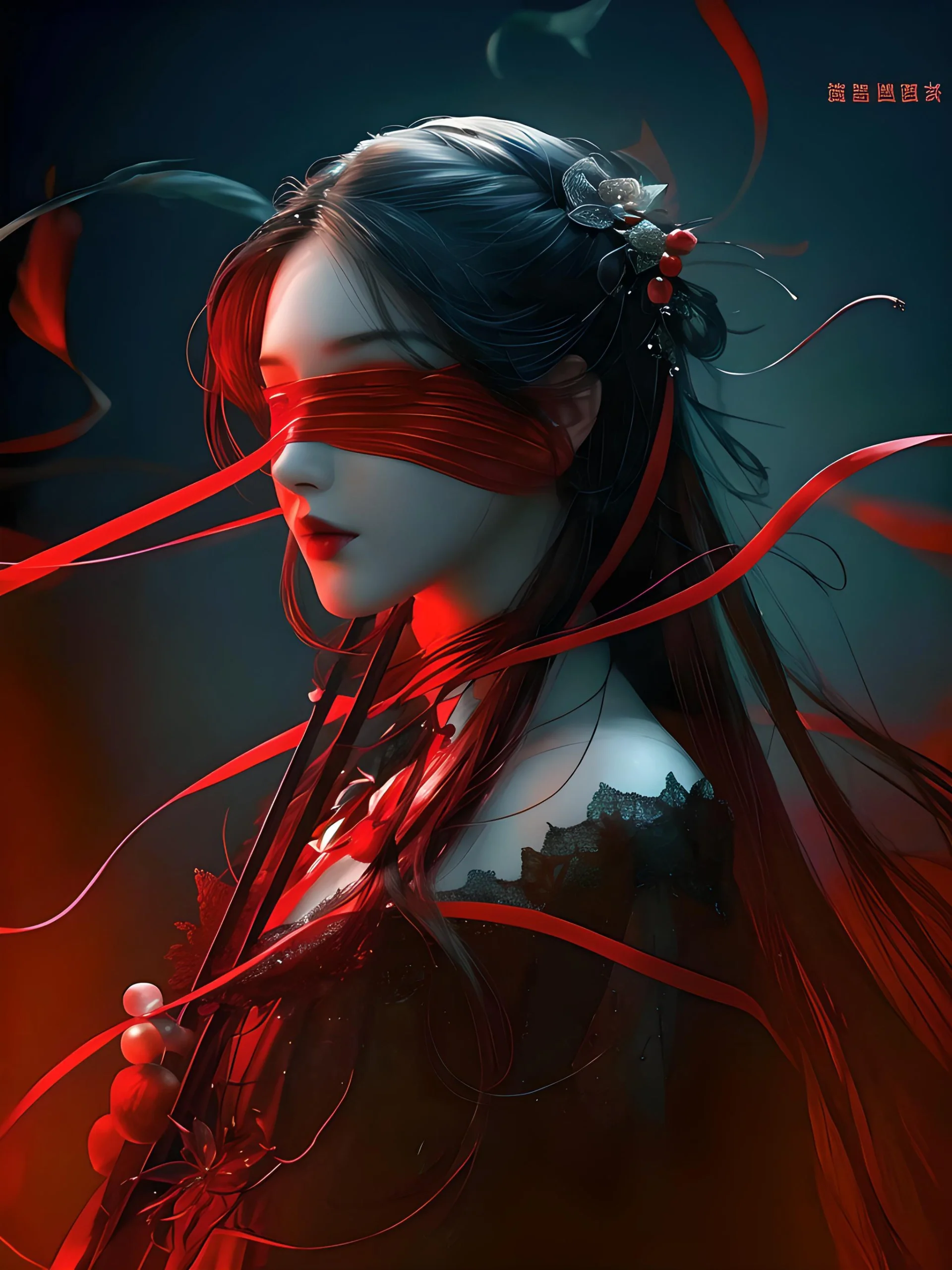 红丝带,缠绕在她的腰间, 宛如生命的火焰,燃烧不息.