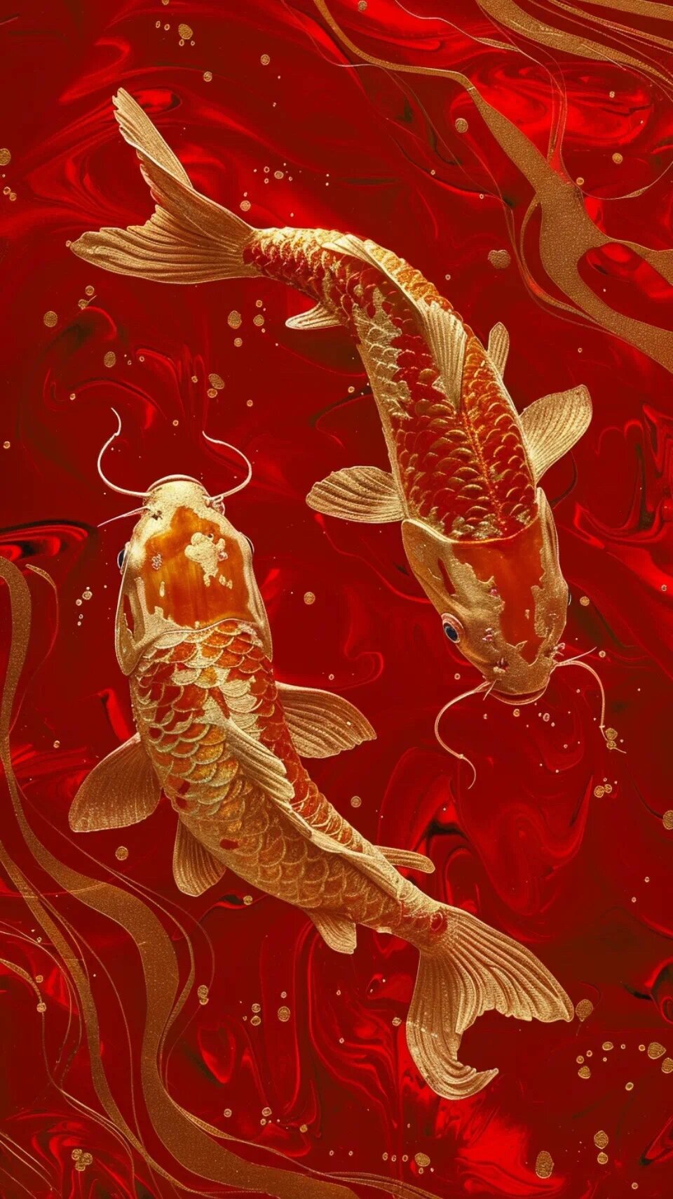 金色鲤鱼在红色水波中悠然游弋,仿佛整个手机屏幕都被它的活力和生机