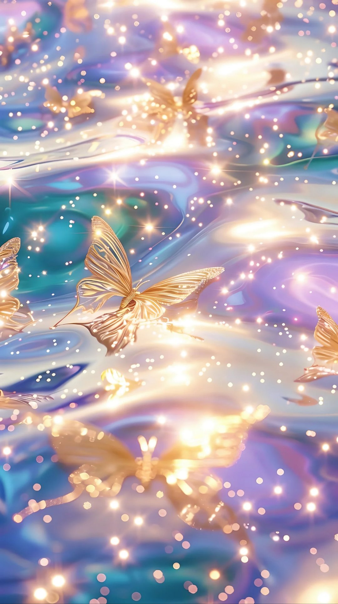 那些金黄色的蝴蝶,轻盈地翩翩起舞,与亮闪闪的粒子交织成一幅梦幻的