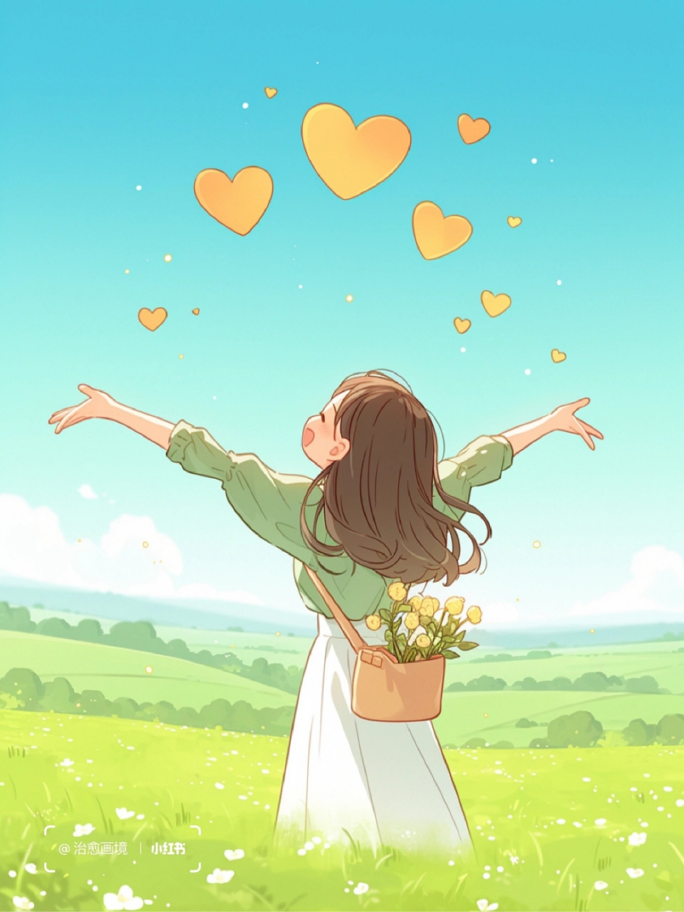 在那片绿意盎然的草地上,一位清新脱俗的少女正悠然自得地伸展双臂.