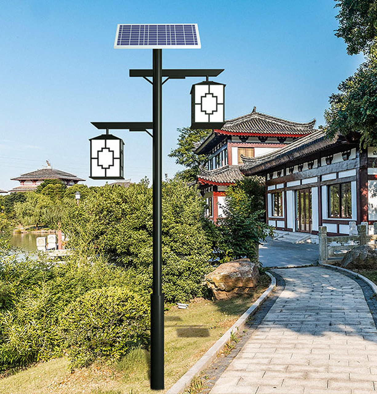 此款为仿古太阳能庭院灯 太阳能光电板:60瓦,锂电池:60安时,led光源