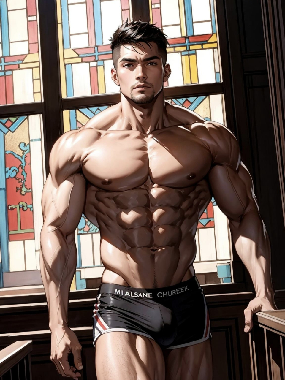 硬汉在大圣堂#ai绘画# #肌肉# #体育生# #动漫头像和壁纸