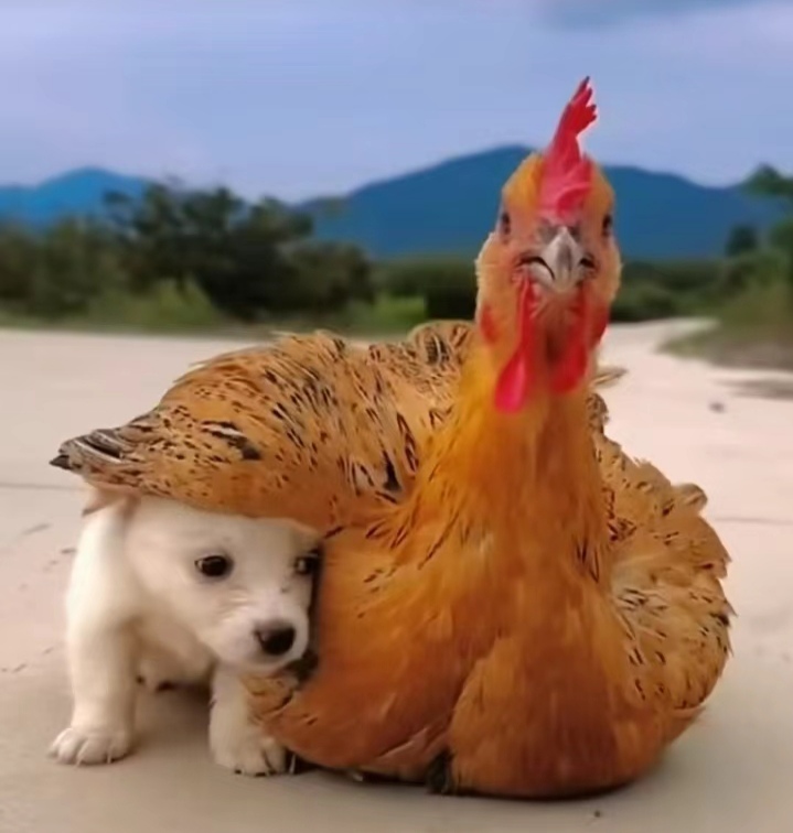 小奶狗跟鸡妈妈说狗妈妈死了,自己孤苦伶仃的,鸡妈妈也跟小狗说我的鸡