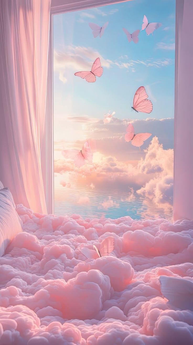 窗外的天空飘着粉红色的云朵,蝴蝶在上面翩翩起舞,仿佛触手可及