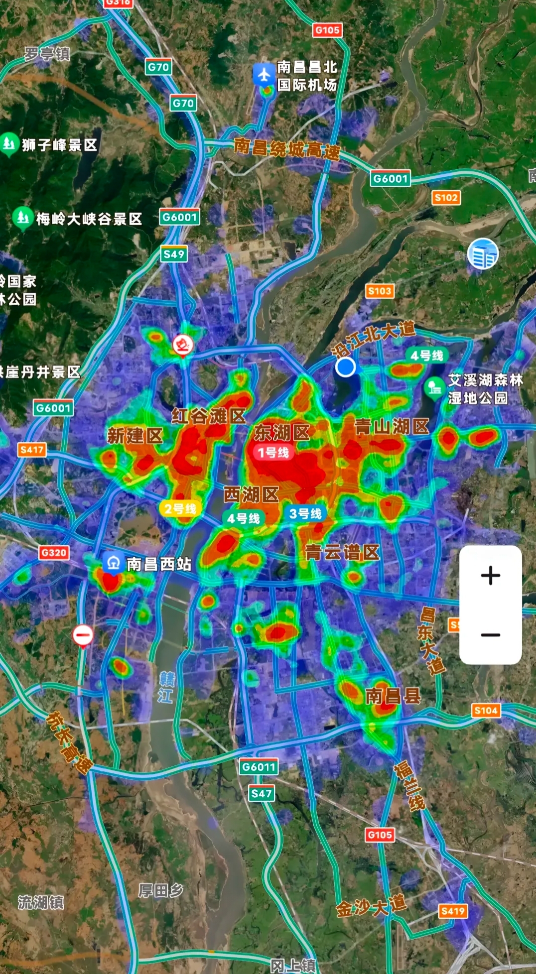 南昌市城区热力图,时间7月15日11:30左右