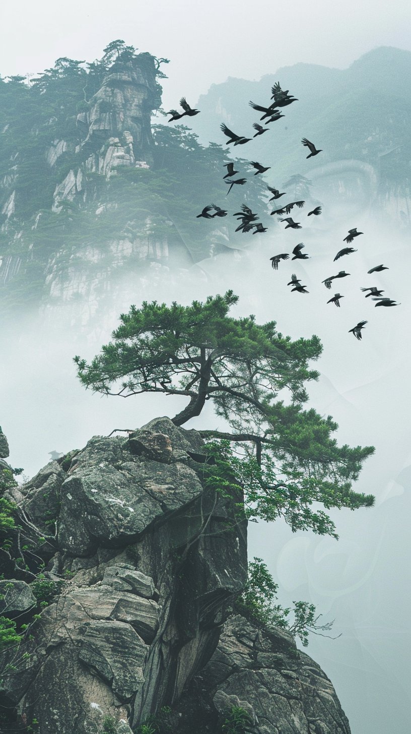 岩缝间,小草顽强,与风共舞.背景中,山峰巍峨,云雾缭绕,仿佛仙境.