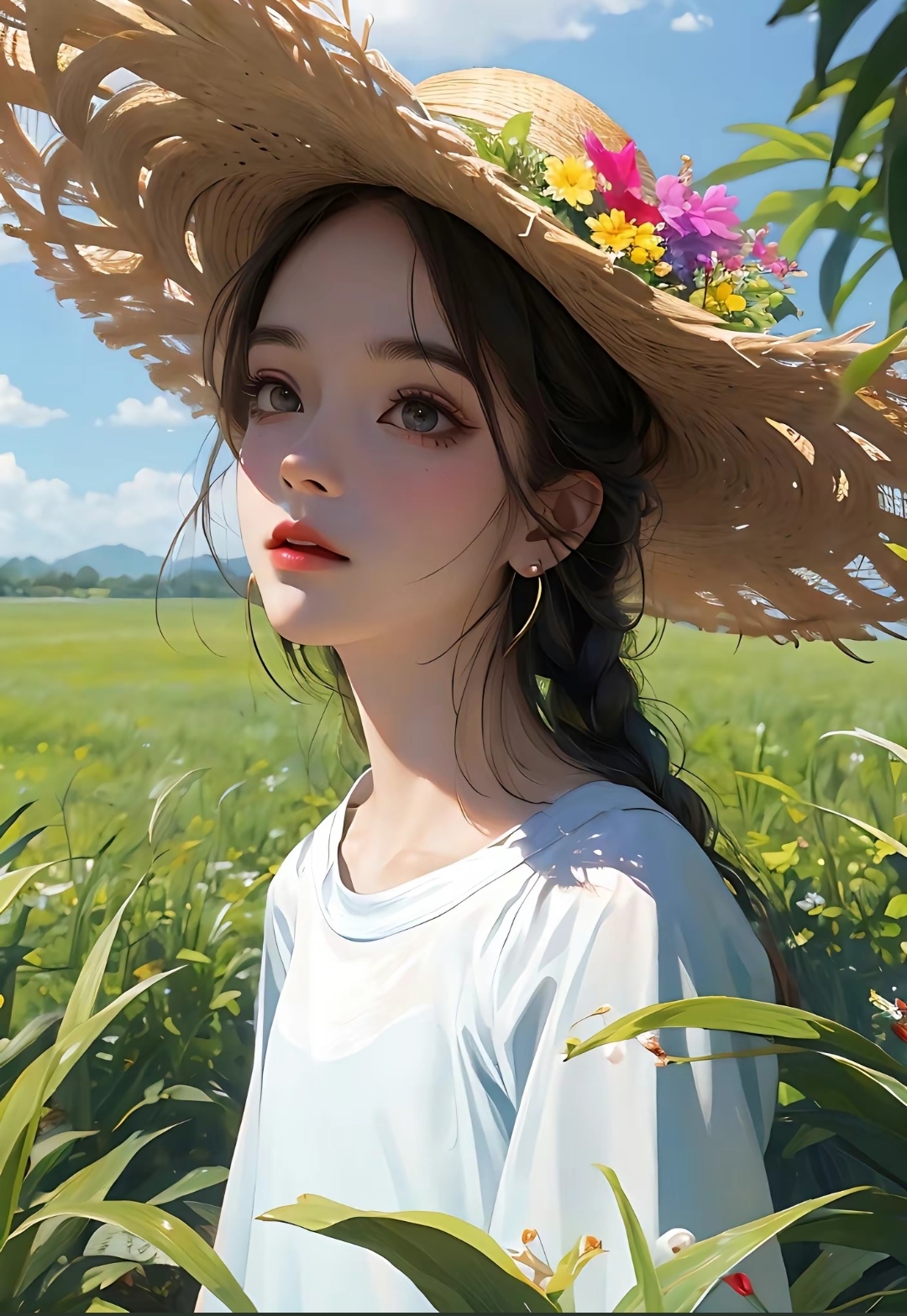 看那个带草帽的少女,站在绿色的草坪上,好像一朵盛开的花朵哦!