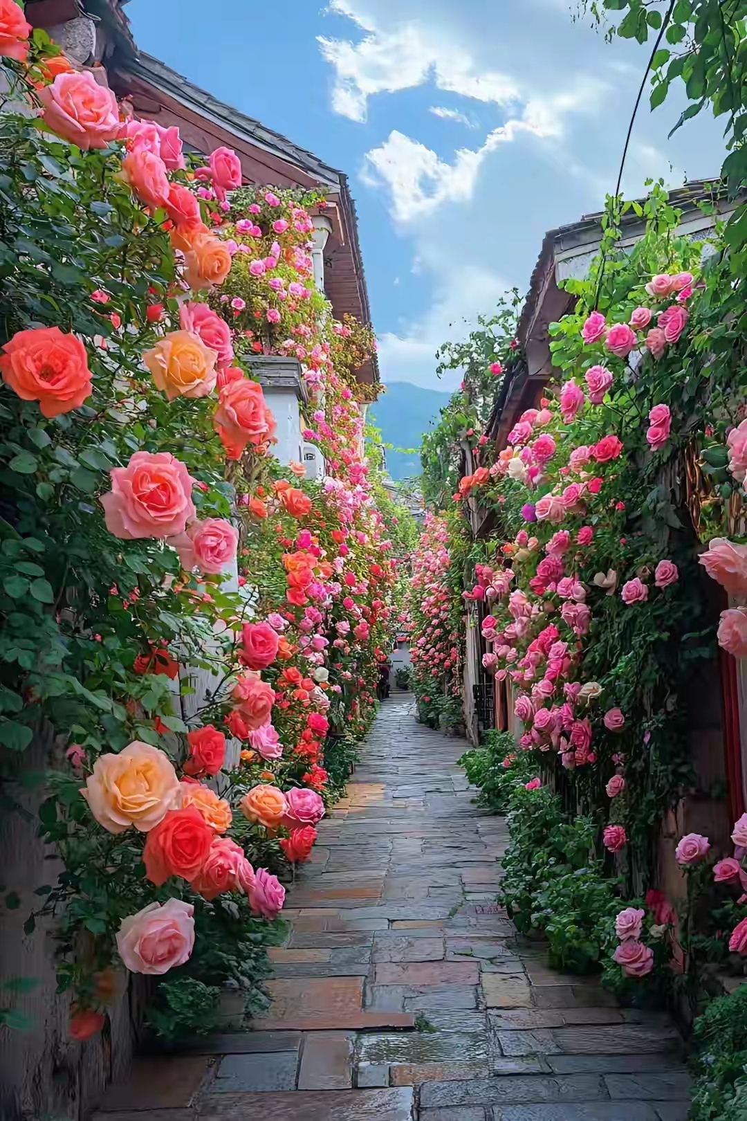 哇,这条铺满玫瑰花的古朴石板路也太浪漫了吧!最美的巷子#春日赏花时