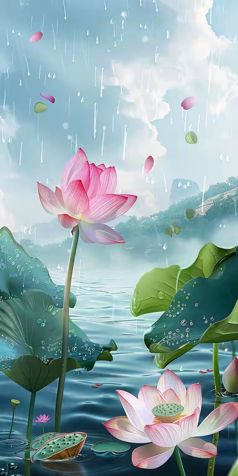 雨中莲,微风细雨中,荷花绽放好运至,万事胜意福星照