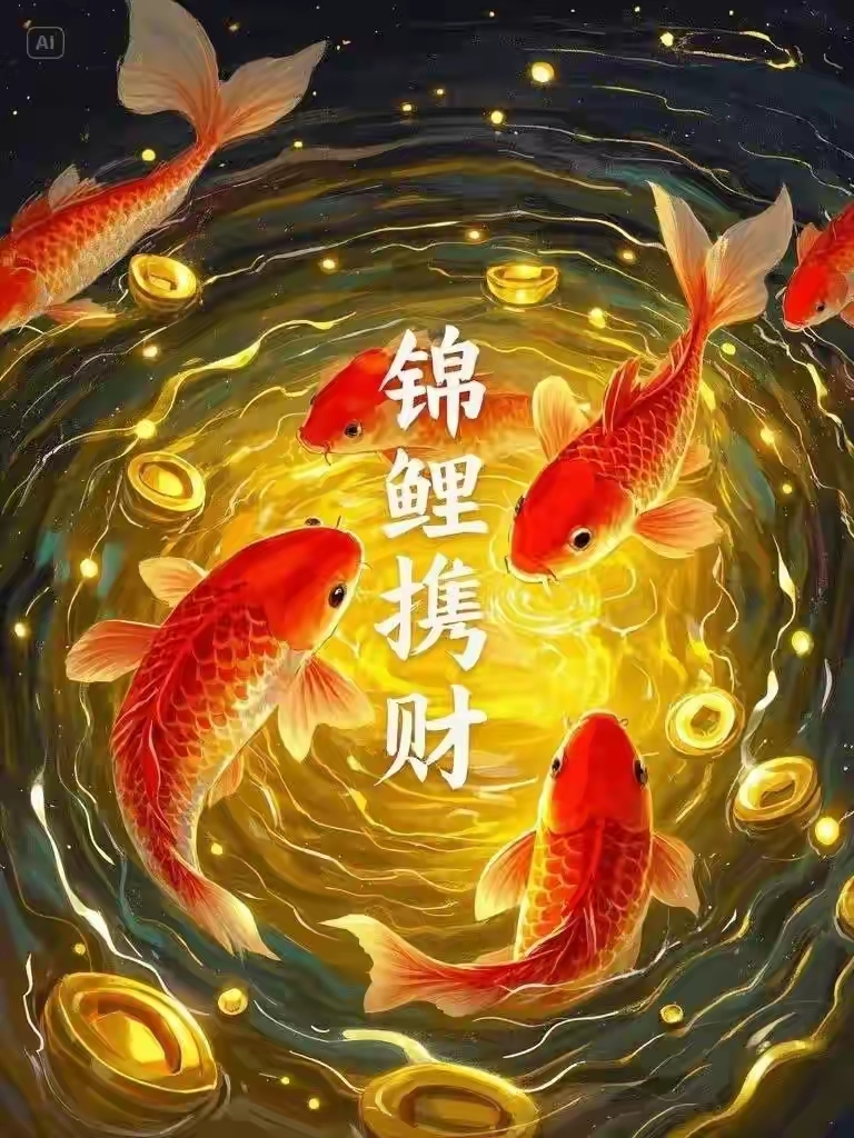 金池锦鲤戏元宝,财气亨通福来到,福气满满,好运连连身边绕