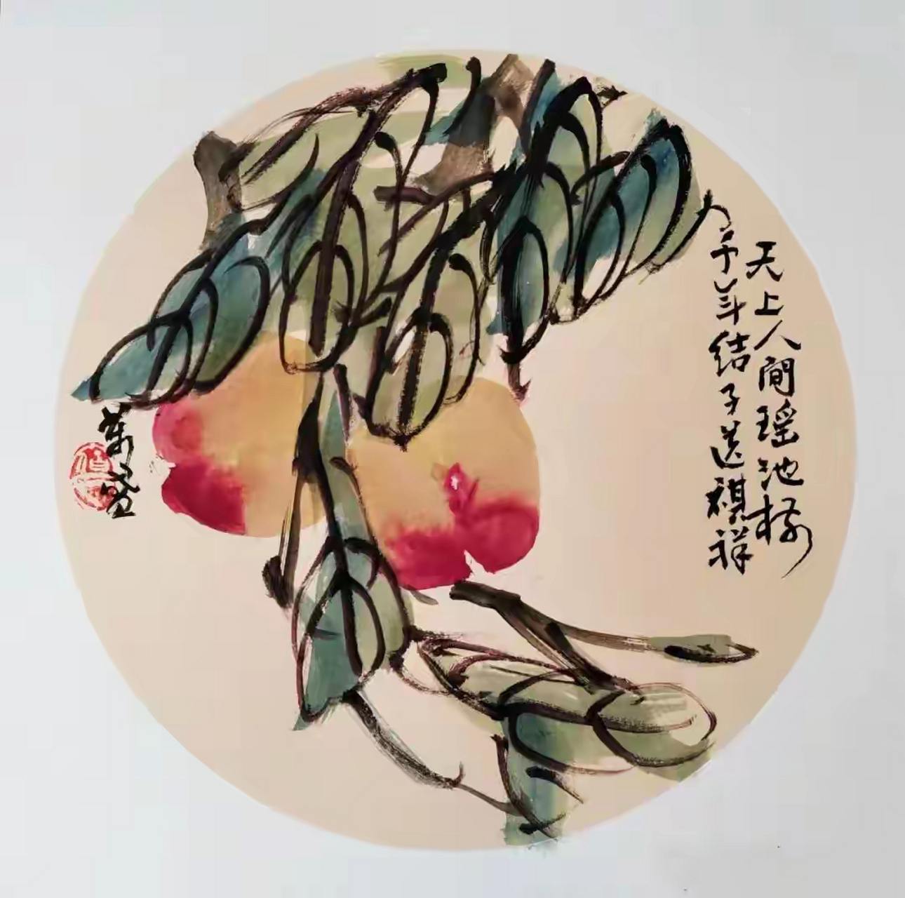 写意花鸟寿桃扇面,福运康宁!