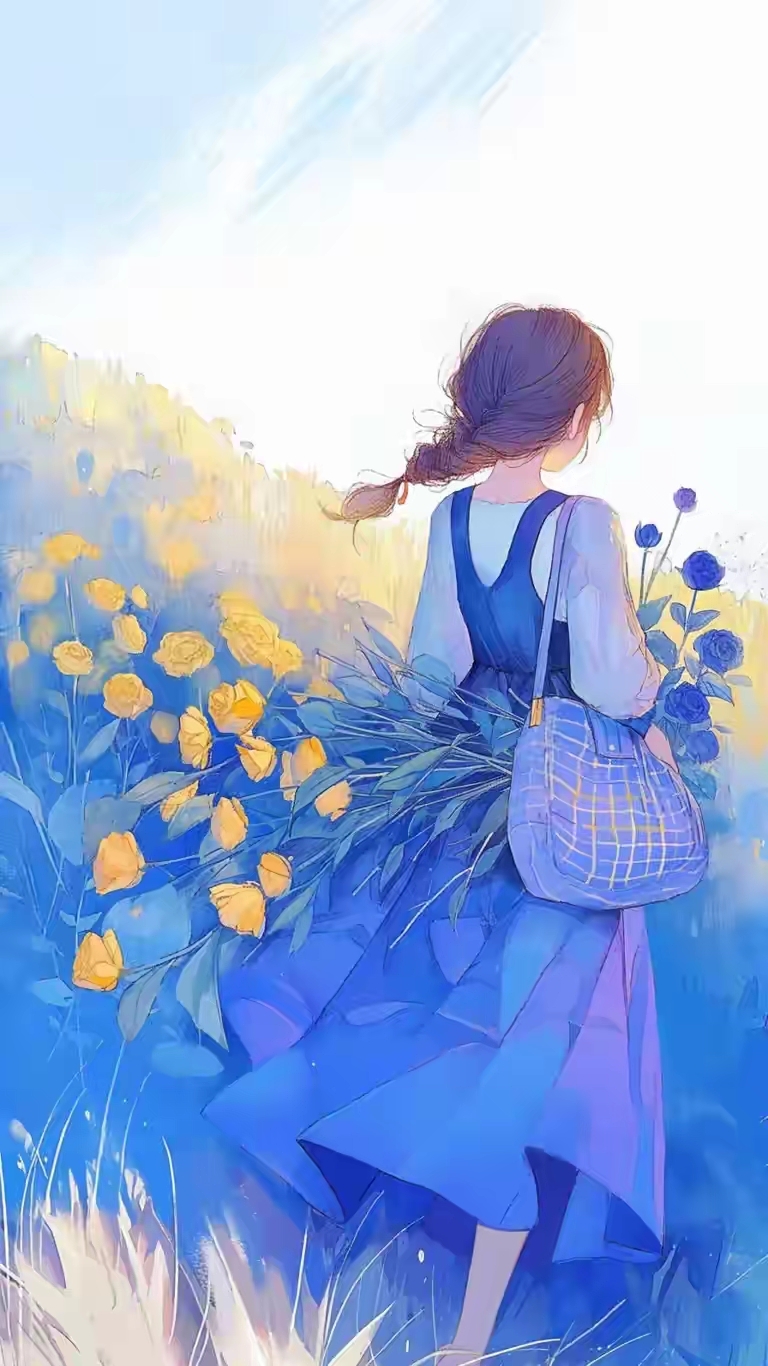 蓝色系女生背影壁纸