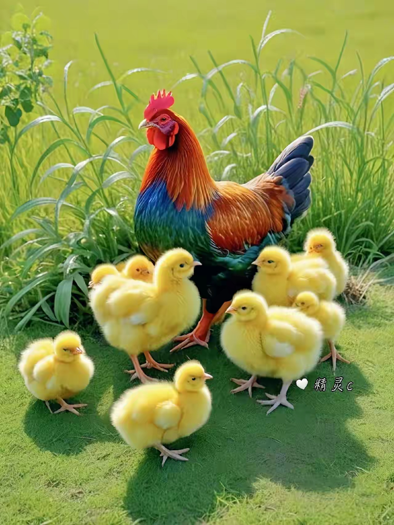 鸡妈妈带着一群小黄鸡,在草地上散步真温馨.