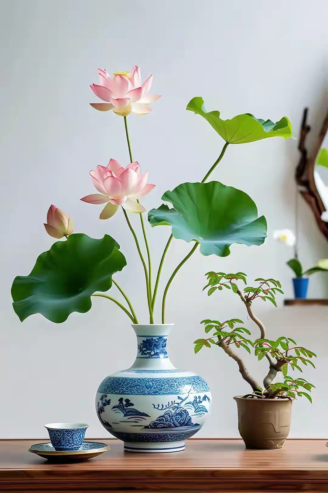 白瓷花瓶莲叶开,清香袅袅绕枝端