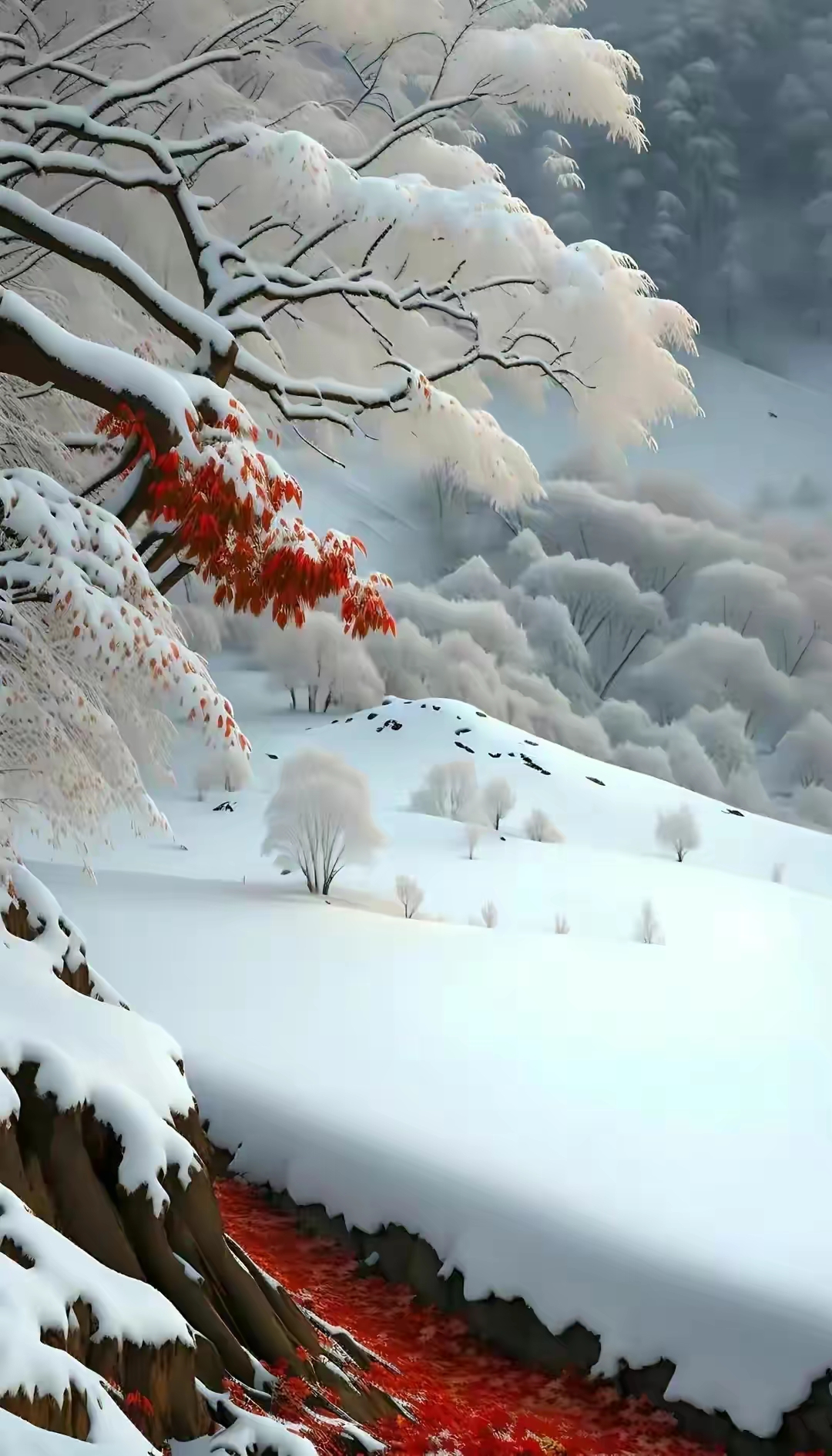 白雪覆盖的松树, 深绿与浅绿交相辉映