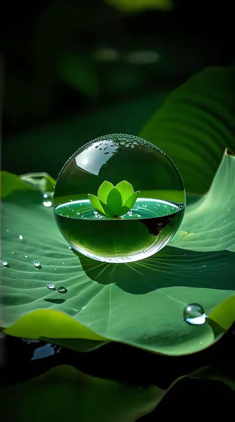 绿意盎然,水珠莹润,一叶浮萍,静谧美好