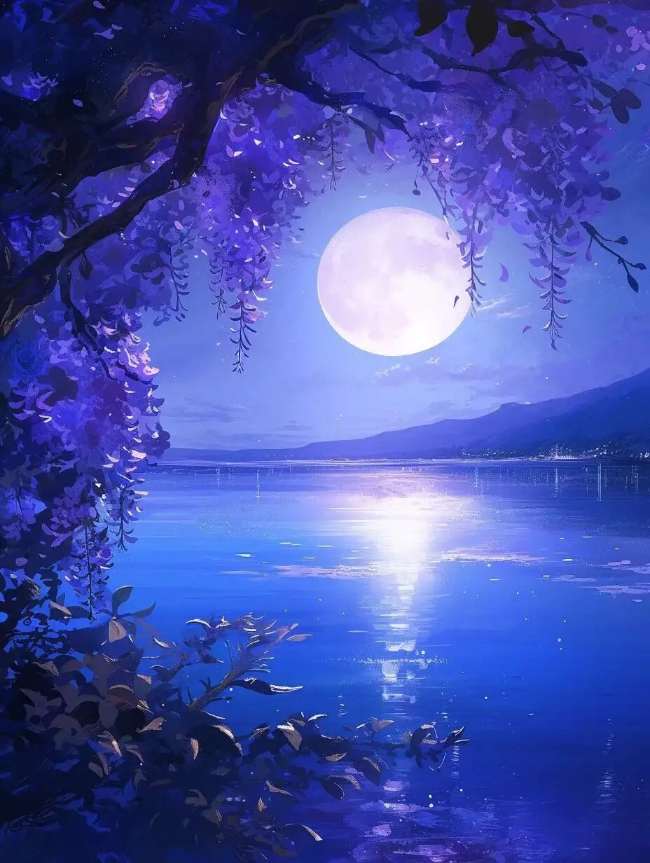 93在宁静的夜晚,月亮像一盏明灯,照亮了深蓝色的天幕.