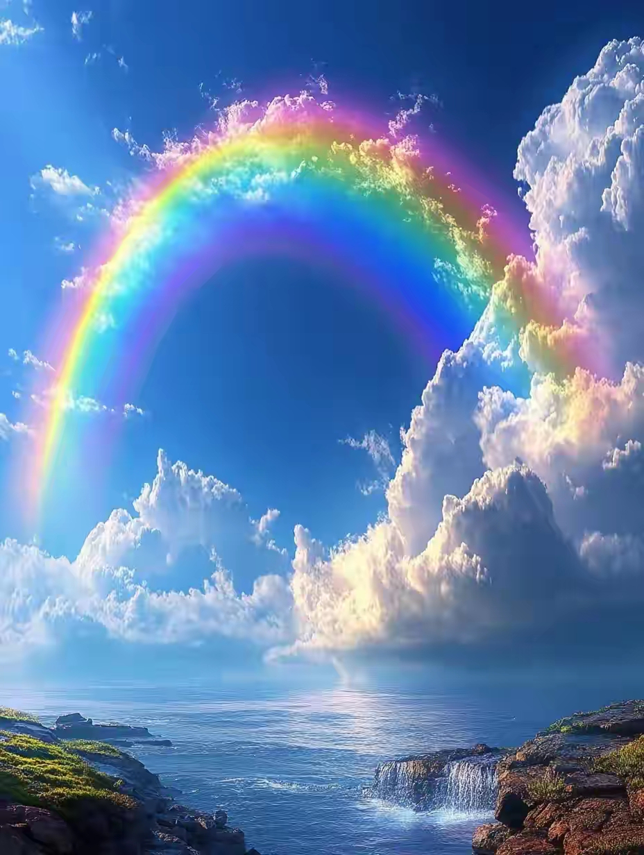 哇,看那绚丽的彩虹,就在海边的悬崖上空,仿佛触手可及!